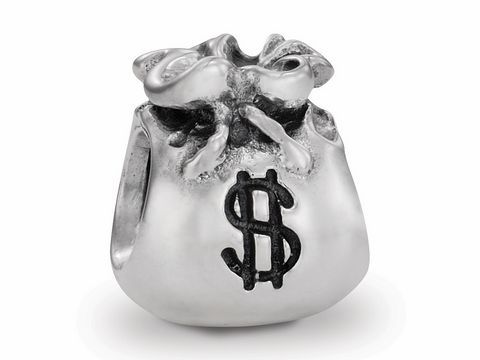 Ein Geldsack aus Silber mit einem Dollarzeichen, original PANDORA Schmuck, Artikelnummer 790332, Moments Kollektion, Hersteller: Pandora, Prüfung bestanden.