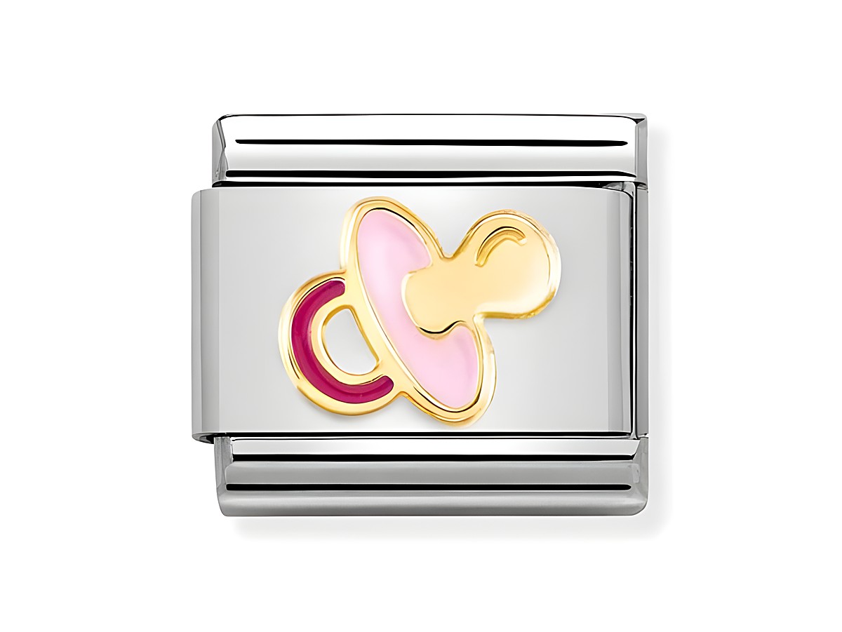 Schnuller aus Edelstahl und Gold 750 in Rosa mit emaillierter Oberfläche, ausgewogenes Design, ideal für Schmuckliebhaber, von Nomination, klassischer und moderner Look.