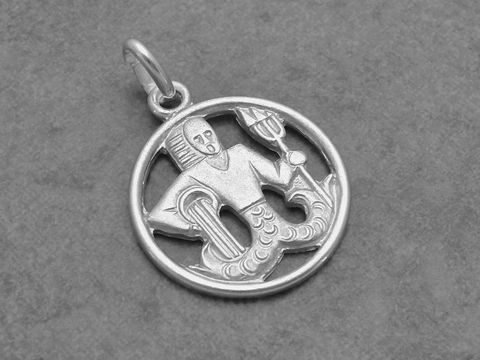 Silber Anhänger Sternzeichen Wassermann rund, Hersteller Juwelier Harnisch, zeigt stilisierte Wassermannfigur mit Wasserträger und geschwungenen Linien. Ideal als modisches Accessoire.