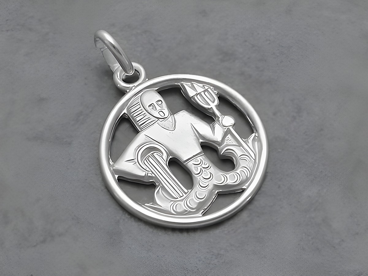 Silber Anhänger Sternzeichen Wassermann rund, Hersteller Juwelier Harnisch, zeigt stilisierte Wassermannfigur mit Wasserträger und geschwungenen Linien. Ideal als modisches Accessoire.