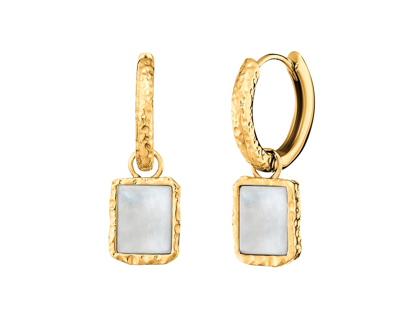 Edelsteinohrhänger ERE-PURE-MO-G-CR PURE Creole Moon in gelbgoldvergoldetem Silber mit Mondstein, charakteristische Hammeroberfläche, elegant und modern im Design.
