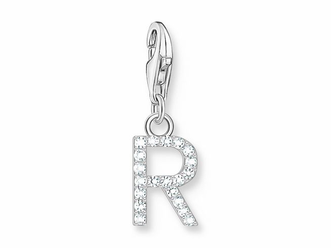 56972517-0 Funkelnder Buchstabe R Charm-Anhänger aus Silber mit Zirkonia in Weiß von Thomas Sabo, an einem sicheren Karabiner befestigt, ideal für individuelle Schmuckstücke.