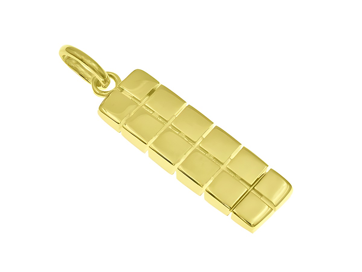 Ein Anhänger aus Sterling Silber mit gelbgoldener Vergoldung in Form eines langen Rechtecks mit quadratischen Klötzchen, hergestellt von Juwelier Harnisch, diverse Motive erhältlich.