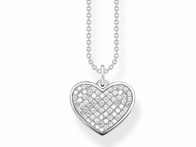 Thomas Sabo Gravur Kette mit PAVÉ Herz Anhänger aus Silber, besetzt mit Zirkonia, Kettenlänge von 40 bis 45 cm, elegantes Design in herzförmiger Ausführung.