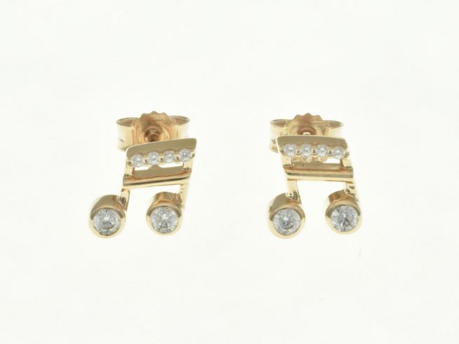 Zwei elegante Musiknote Ohrstecker aus Sterling Silber in Roségold gefertigt, verziert mit funkelnden Zirkonia-Steinen, hergestellt von Juwelier Harnisch.