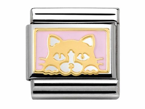 Classic PLAETTCHEN von Nomination mit einer rosa emaillierten Katze und goldenen Details, ideal als Schmuckstück für Katzenliebhaber. Hochwertige Verarbeitung in elegantem Design.