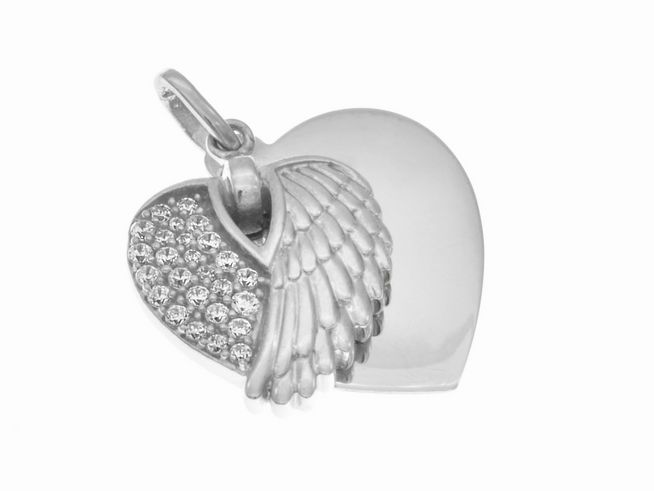 Anhänger Gravurplatte in Herzform mit himmlischen Flügeln, silber rhodiniert und besetzt mit weißen Zirkonia, schlichtes Design, Hersteller Juwelier Harnisch.