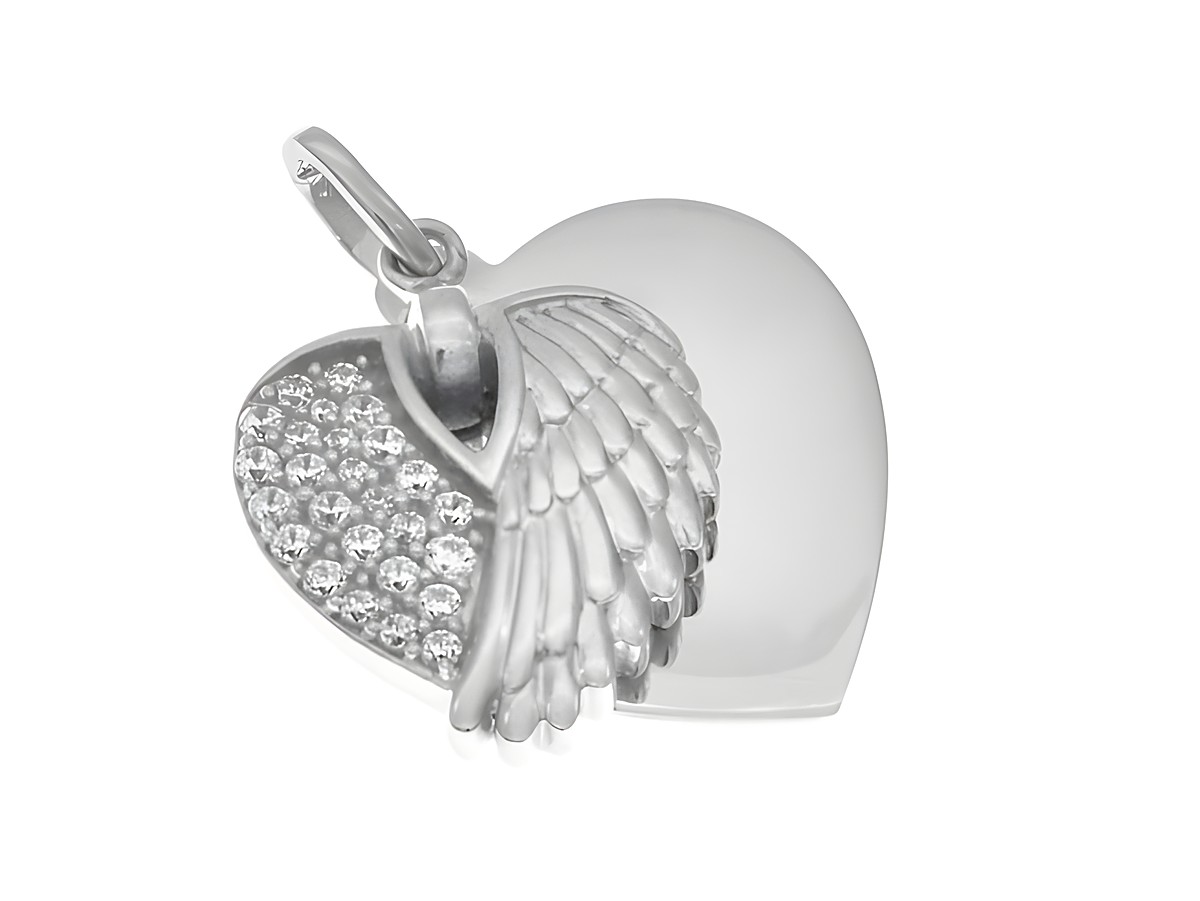 Anhänger Gravurplatte in Herzform mit himmlischen Flügeln, silber rhodiniert und besetzt mit weißen Zirkonia, schlichtes Design, Hersteller Juwelier Harnisch.