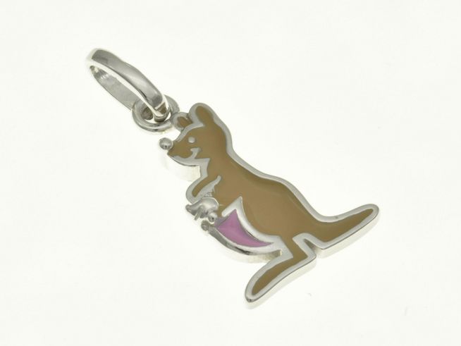 Känguru Anhänger aus rhodiniertem Sterling Silber mit lackierten Details, hergestellt von Juwelier Harnisch, ideal für Kinder, niedliches Design in sanften Farben.
