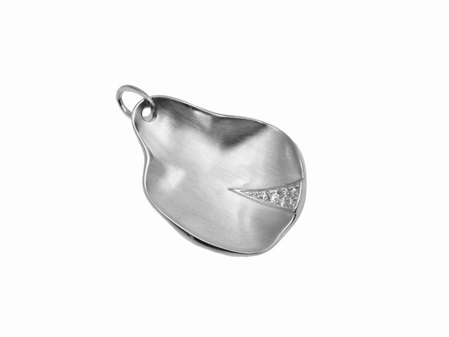 Anhänger in Form eines Blattes aus 925 Sterling Silber, teilmattiert und rhodiniert, verziert mit Zirkonia, Hersteller Juwelier Harnisch, ideal für pflanzlich inspirierte Schmuckliebhaber.