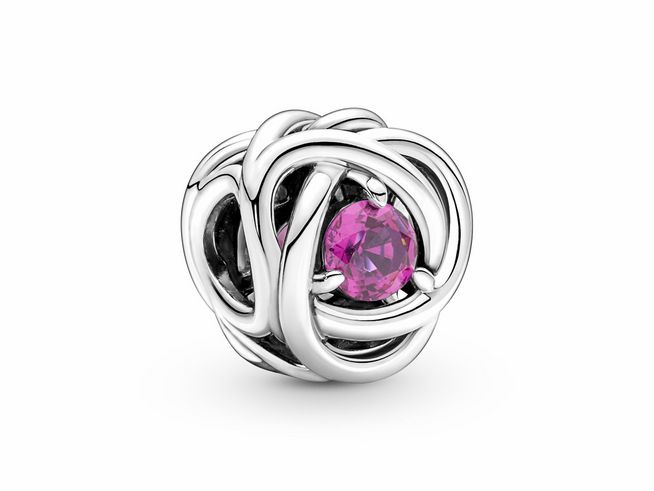 Pandora Rosa Eternity Kreis Charm aus Silber mit Kristall in Pink, kunstvoll gearbeitete Form mit geschwungenen Linien, funkelt elegant und verleiht jedem Schmuckstück einen besonderen Akzent.