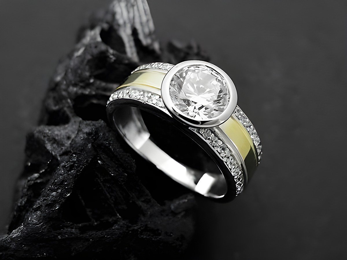 Silber rhodinierter bicolor Silberring mit Zirkonia in Größe 50, Hersteller Juwelier Harnisch, elegante Kombination aus Silber und Zirkonia, ideal für besondere Anlässe.