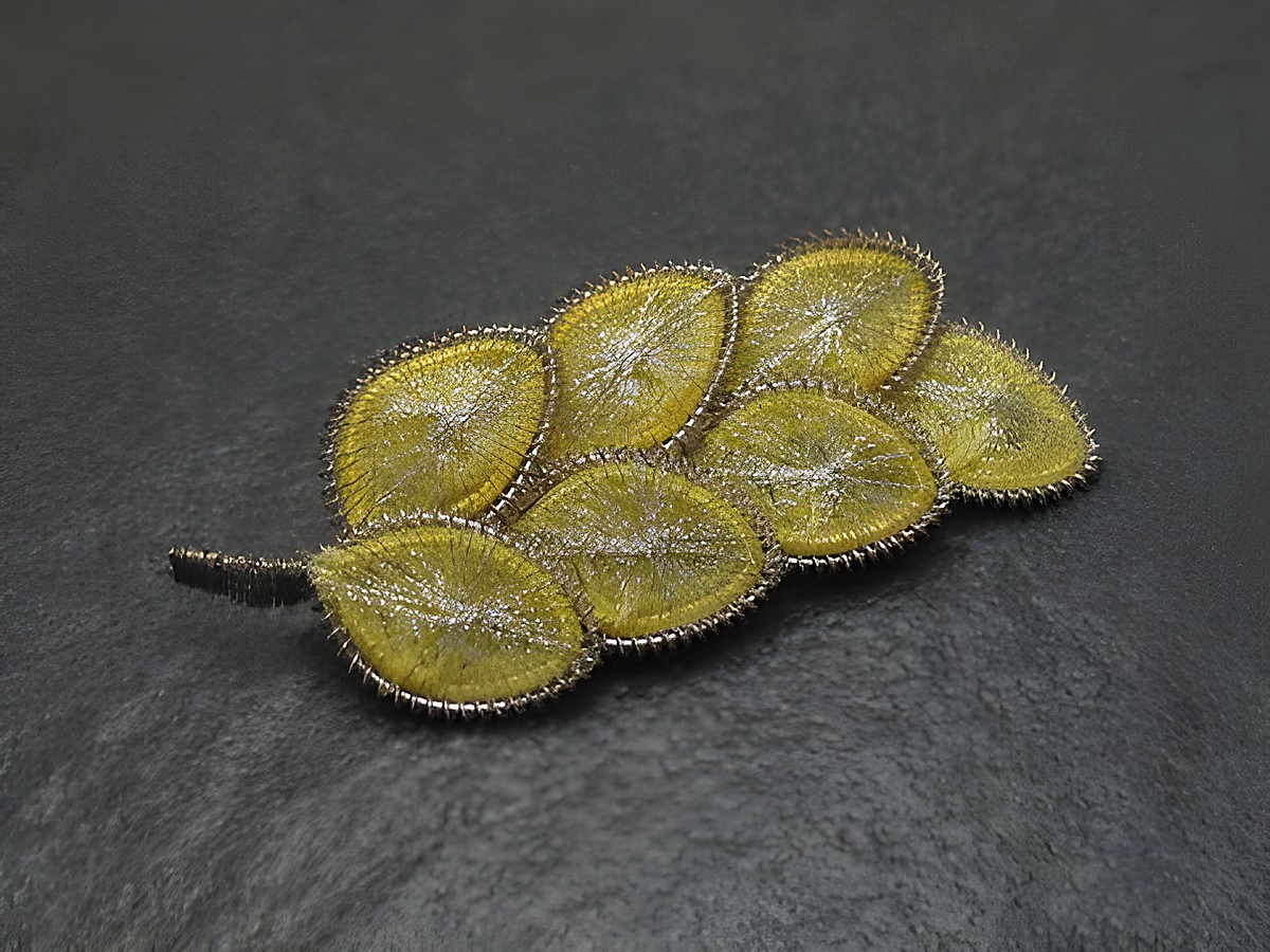 Filigrane City Brosche Handarbeit in Blattform, 70x25 mm, aus kunstvoll gestalteten Blättern mit feinen Details, Hersteller: Juwelier Harnisch, hochwertiger Modeschmuck.