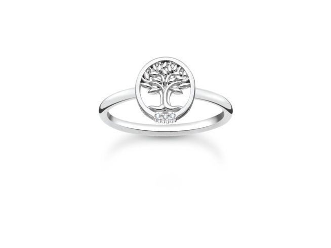 Charming Lebensbaum Ring aus Sterling Silber mit Zirkonia in weiß, Größe 48. Der Ring zeigt einen filigranen Baum des Lebens in runder Form, elegant und schlicht gestaltet.