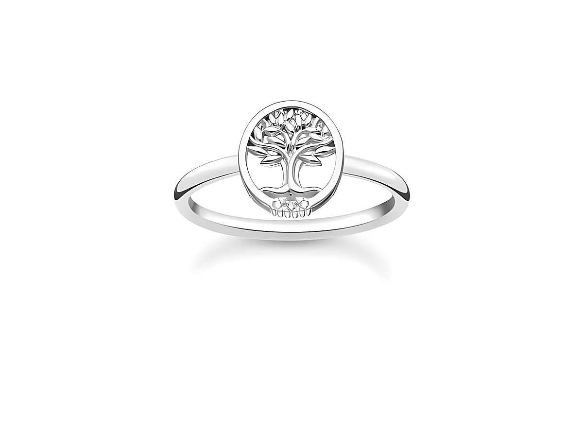 Charming Lebensbaum Ring aus Sterling Silber mit Zirkonia in weiß, Größe 48. Der Ring zeigt einen filigranen Baum des Lebens in runder Form, elegant und schlicht gestaltet.