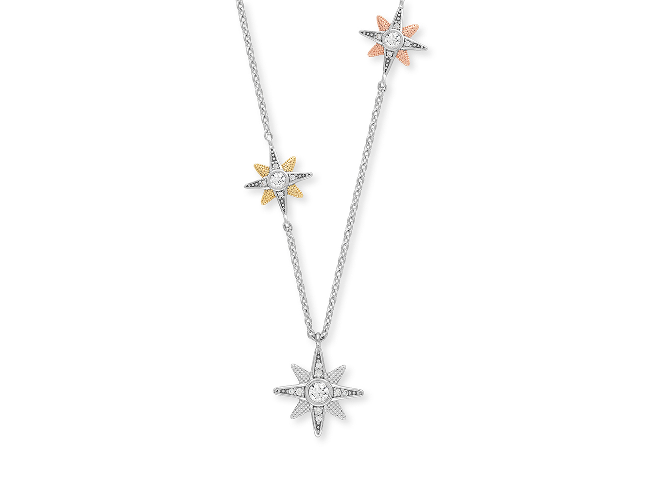 Kette von Engelsrufer ERN-3NEWSTAR-ZI-TRI New Star Tricolor mit Zirkonia, 40 cm, dreifach gestaltete Anhänger in Silber, Gold und Roségold. Ideal für elegante Outfits.