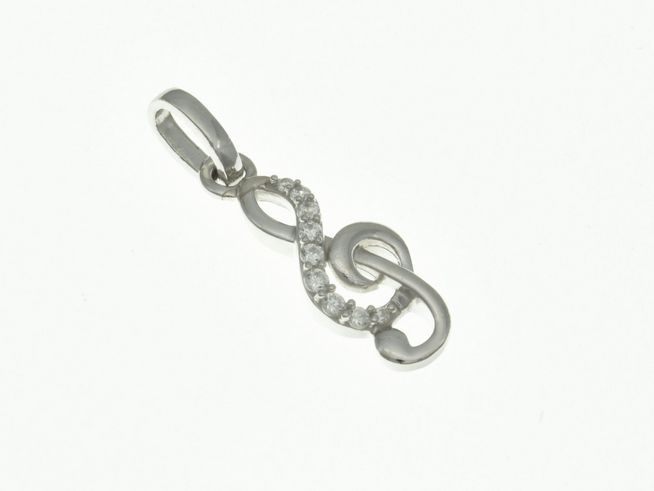 Notenschlüssel Anhänger aus rhodiniertem Sterling Silber, besetzt mit Zirkonia, hergestellt von Juwelier Harnisch, ideal für Musikliebhaber.