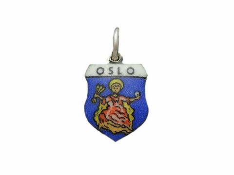 Silber Anhänger mit dem Stadtwappen von Oslo, Norwegen, verziert mit buntem Emaille. Hersteller: Juwelier Harnisch. Ideal für Sammler und als Geschenk.
