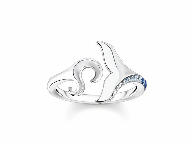 Thomas Sabo Ring in Sterling Silber, geschwungenes Design mit Delfinflosse und verziert mit synthetischem Spinell und Zirkonia, Größe 56.