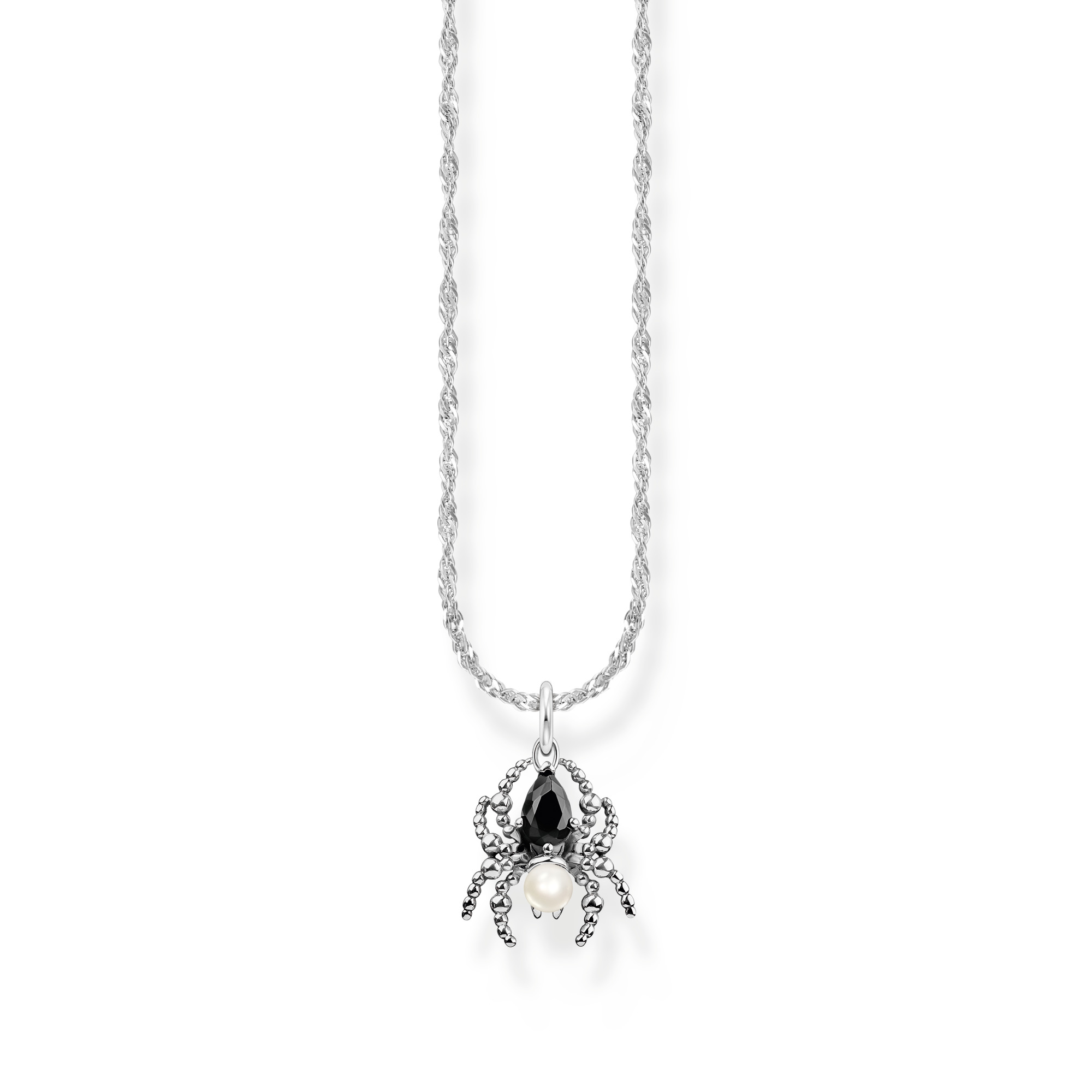 Thomas Sabo Kette aus 925 Sterling Silber geschwärzt mit Zirkonia und schwarzer Süßwasserzuchtperle, Länge 45 cm, elegantes Design mit detailreicher Spinnenanhänger.