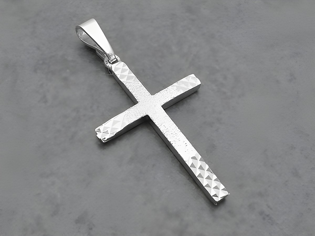 Silber Anhänger im Design eines Kreuzes, teilmattiert mit modernem Muster, Hersteller Juwelier Harnisch. Elegantes Accessoire für jeden Anlass.