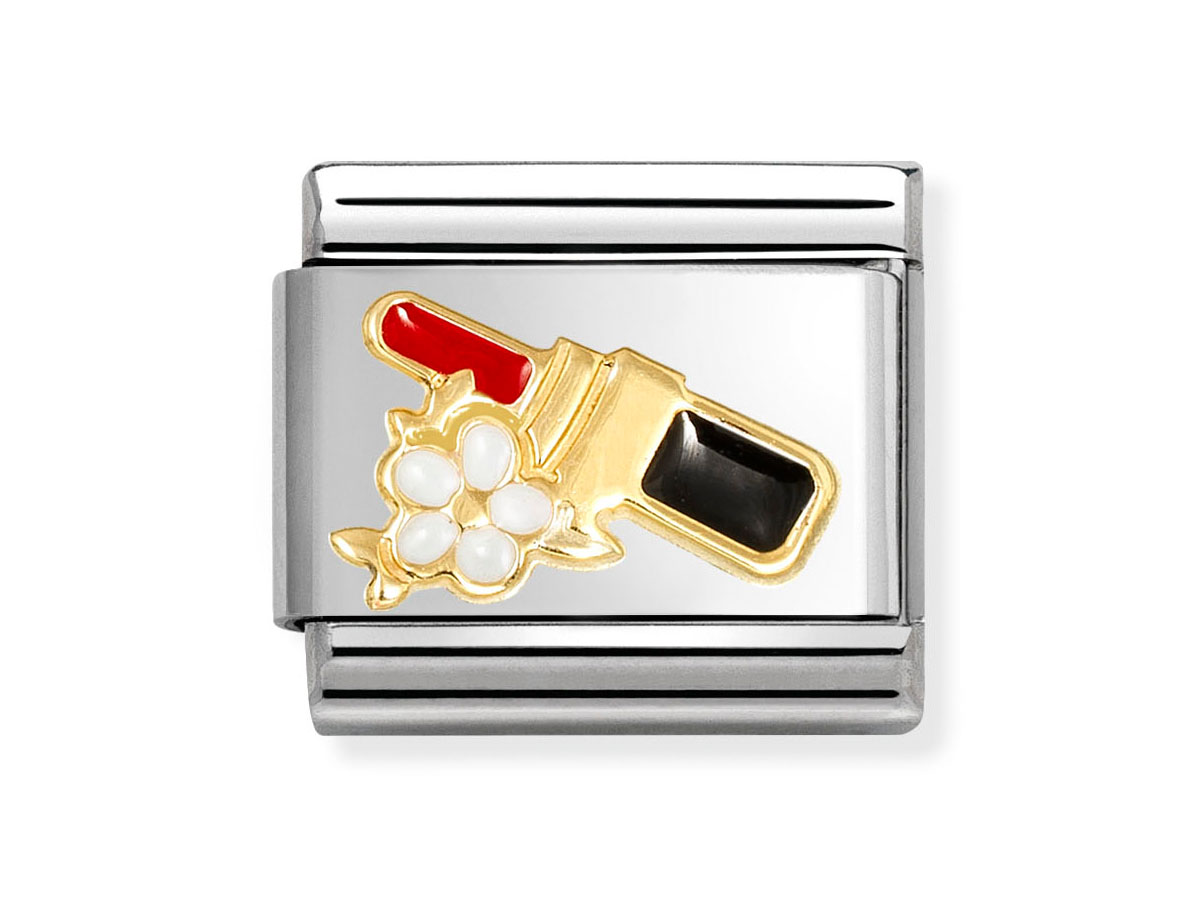 Ein charmantes Element aus 585 Gelbgold zeigt einen stilisierten Lippenstift mit einer Blume, umrahmt von glänzendem Silber und buntem Emaille, perfekt für Liebhaberinnen.