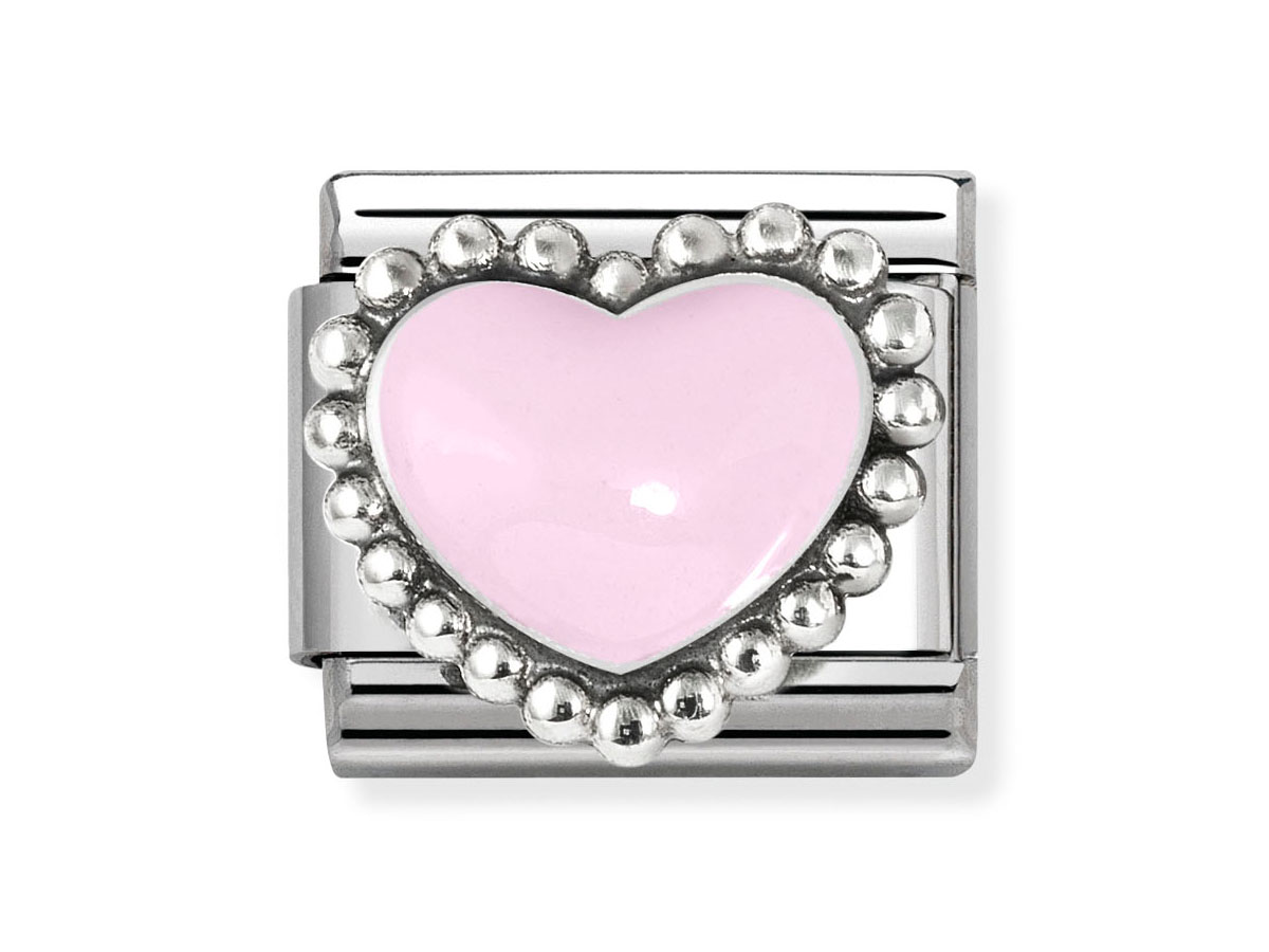 Element von Nomination in oxidiertem Sterling Silber mit einem gewölbten, pastellrosa Herz und einer Perlenumrandung, ideal für modische Akzente im Onlineshop.
