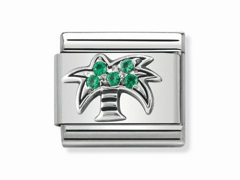 Palme mit grünen Zirkonia in Silber von Nomination. Klassisches Design mit glatten Oberflächen und frischem, tropischem Motive. Ideal für individuellen Schmuck.