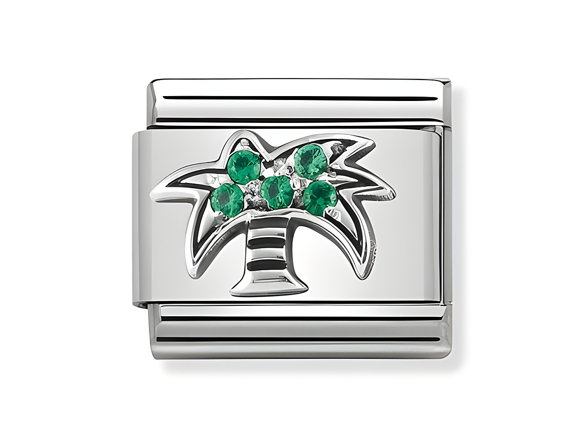 Palme mit grünen Zirkonia in Silber von Nomination. Klassisches Design mit glatten Oberflächen und frischem, tropischem Motive. Ideal für individuellen Schmuck.