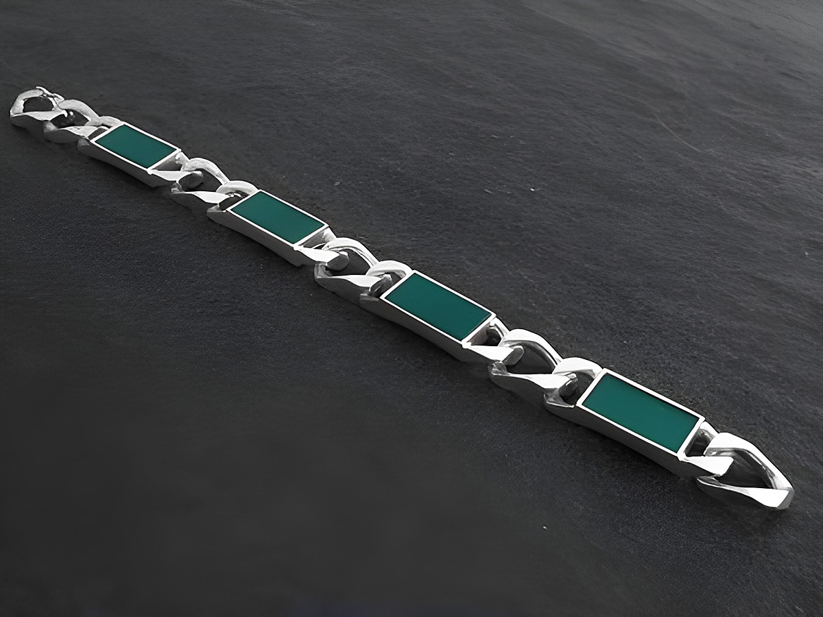 Silberarmband modern 19,5 cm Panzer mit grünen Achatsteinen, Hersteller Juwelier Harnisch, elegantes Design, perfekt für jeden Anlass.