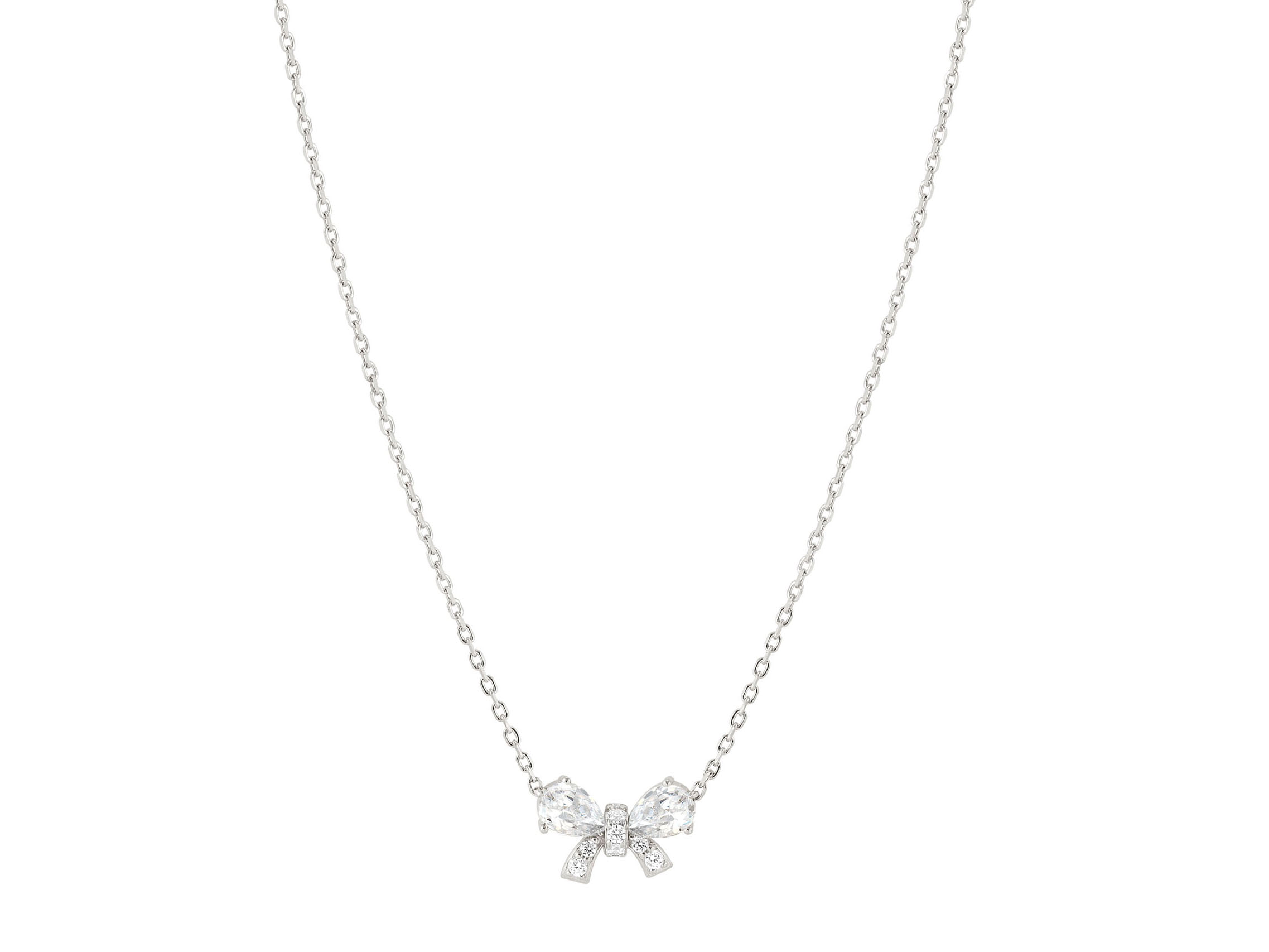 Die Halskette aus Sterling Silber hat eine zarte Kette und ein elegantes Schleifenmotiv, das mit funkelnden Zirkonia verziert ist. Sie ist 44 cm lang und in Weiß gehalten.