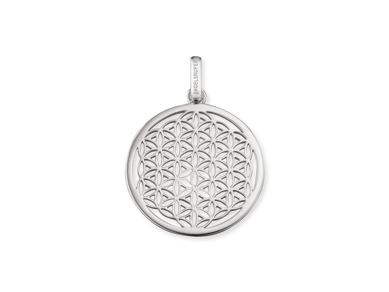 Silber rhodiniert Anhänger von Engelsrufer mit dem Design der Lebensblume, Durchmesser 33 mm, filigrane geometrische Muster in runder Form, eleganter Look für jeden Anlass.