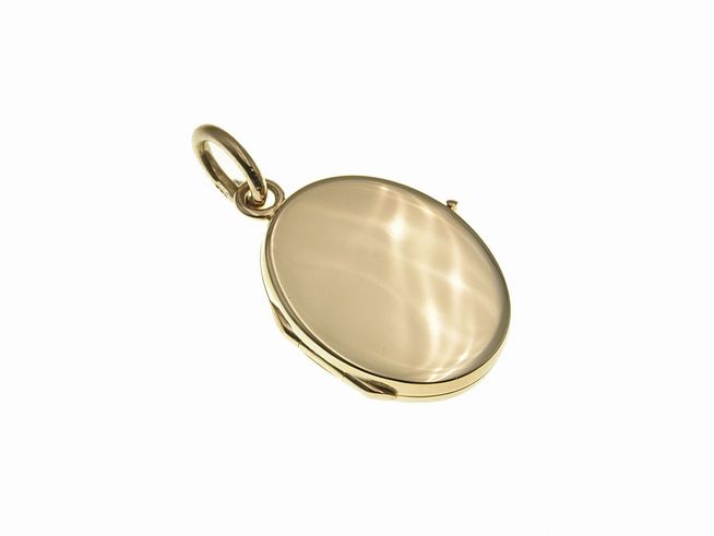 Gold Medaillon - Designer Schmuckstück - 21 mm - Rotgold 585 - poliert - mattiert, Hersteller: Juwelier Harnisch, ovales Design mit glänzender Oberfläche und Aufhängung.
