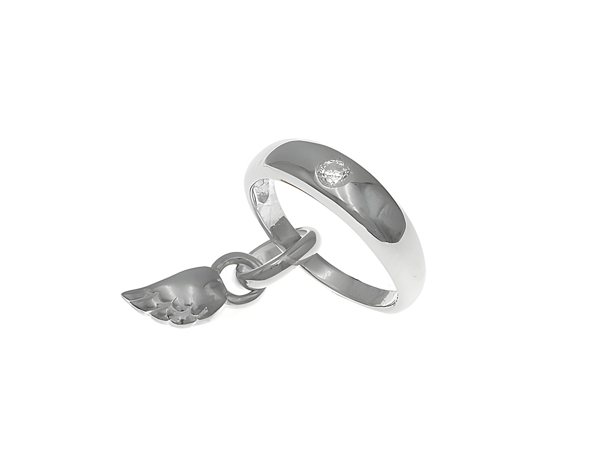 Taufring mit Flügel aus rhodiniertem Sterling Silber, poliert, verziert mit Zirkonia, Hersteller Juwelier Harnisch, Silber mit Anhänger.