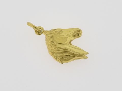 Gold Anhänger in Form eines Pferdekopfes aus 333 Gold, symbolisiert Reiterfreude, Hersteller Juwelier Harnisch, geeignet für Tierliebhaber.