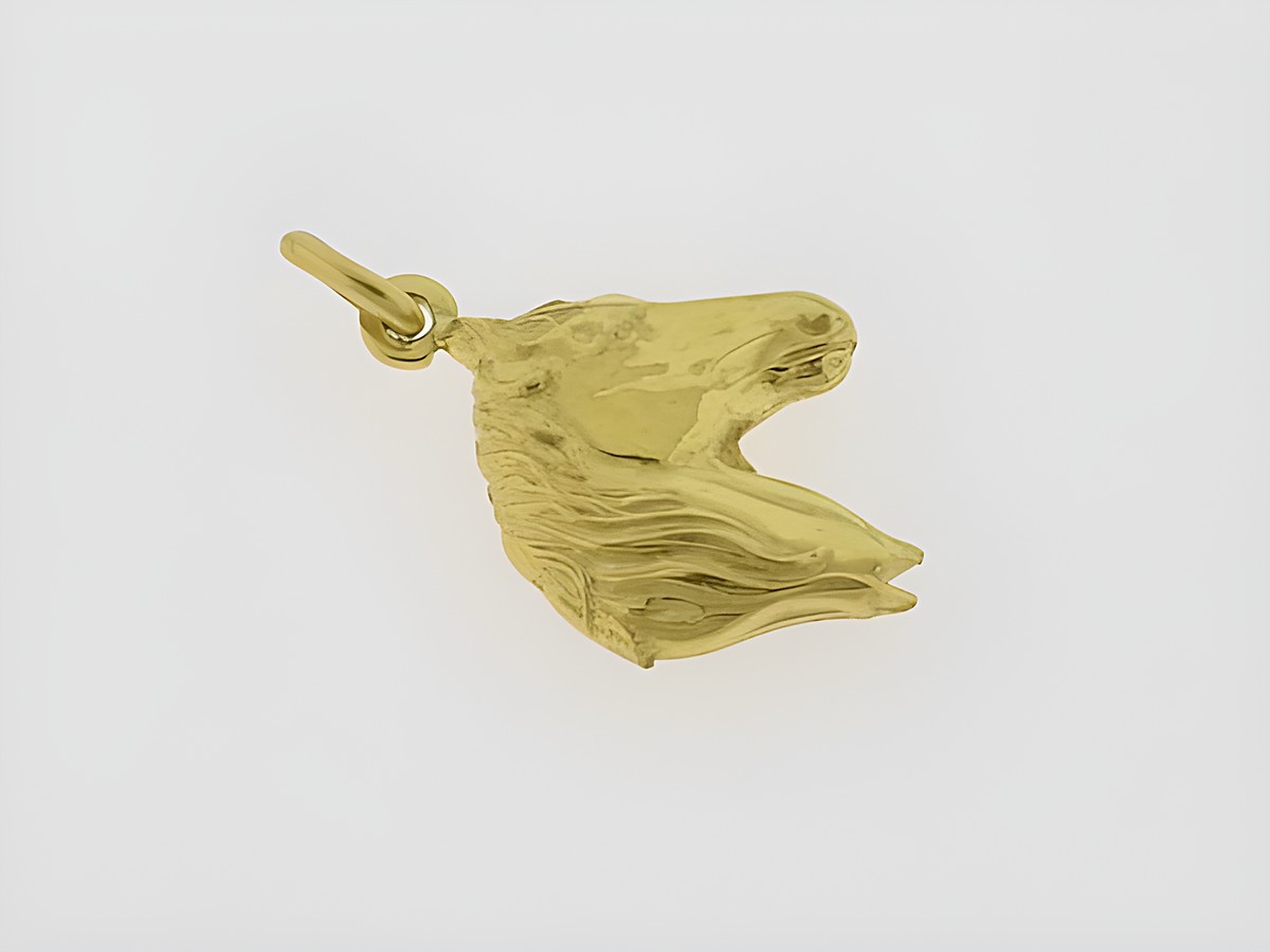 Gold Anhänger in Form eines Pferdekopfes aus 333 Gold, symbolisiert Reiterfreude, Hersteller Juwelier Harnisch, geeignet für Tierliebhaber.