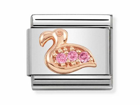 Flamingo Charm in klassischem Roségold mit Zirkonia-Steinen, gefertigt von Nomination. Der Anhänger zeigt einen stilisierten Flamingo, geschmückt mit pinken Akzenten.