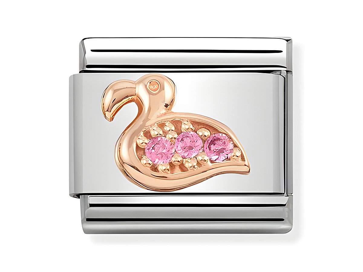 Flamingo Charm in klassischem Roségold mit Zirkonia-Steinen, gefertigt von Nomination. Der Anhänger zeigt einen stilisierten Flamingo, geschmückt mit pinken Akzenten.