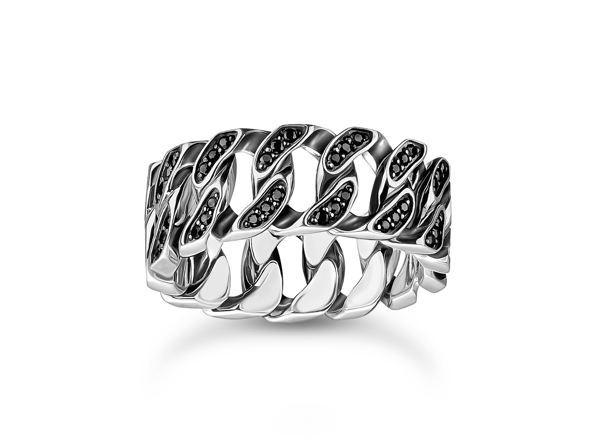 Thomas Sabo Ring TR2501-643-11-50 aus der Kollektion PANZERKETTE in Schwarz und Silber, einer breiten, modernen Designschmuckstück mit schimmernden schwarzen Details und eleganter Panzerkette, Größe 50.