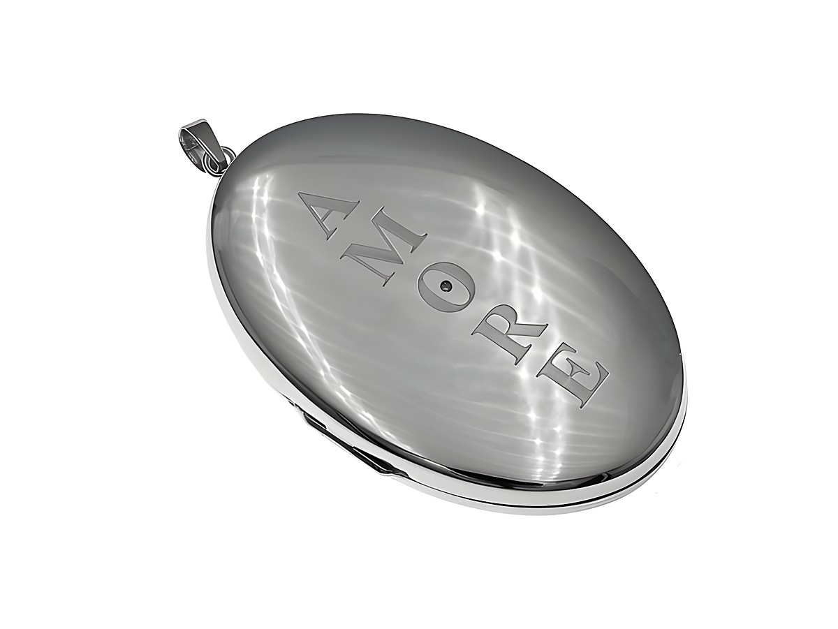 Silber Medaillon oval rhodiniert mit AMORE Gravur und einem großen Diamanten des Herstellers Juwelier Harnisch, ideal als elegantes Schmuckstück.