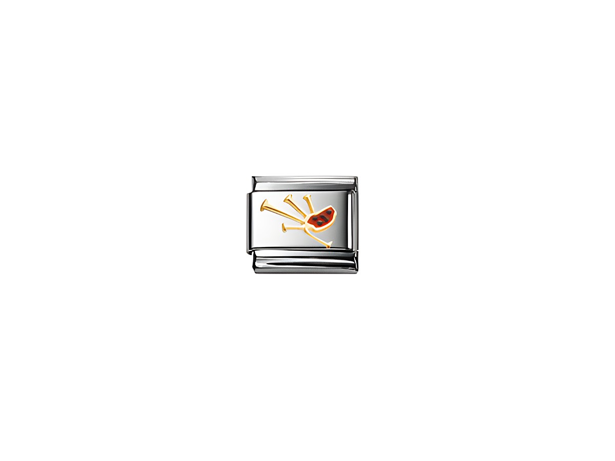 Dudelsack Charm von Nomination Classic UK mit silberner Grundfarbe und detailreicher Darstellung eines Dudelsacks in goldener und roter Farbgebung, ideal für Armbänder.