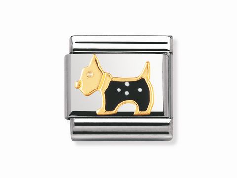 Ein emailliertes Schmuckstück in Silber mit einem goldenen Terrier-Hundefigur, die schwarz mit weißen Punkten ist. Ideal für Tierliebhaber und als elegantes Accessoire.