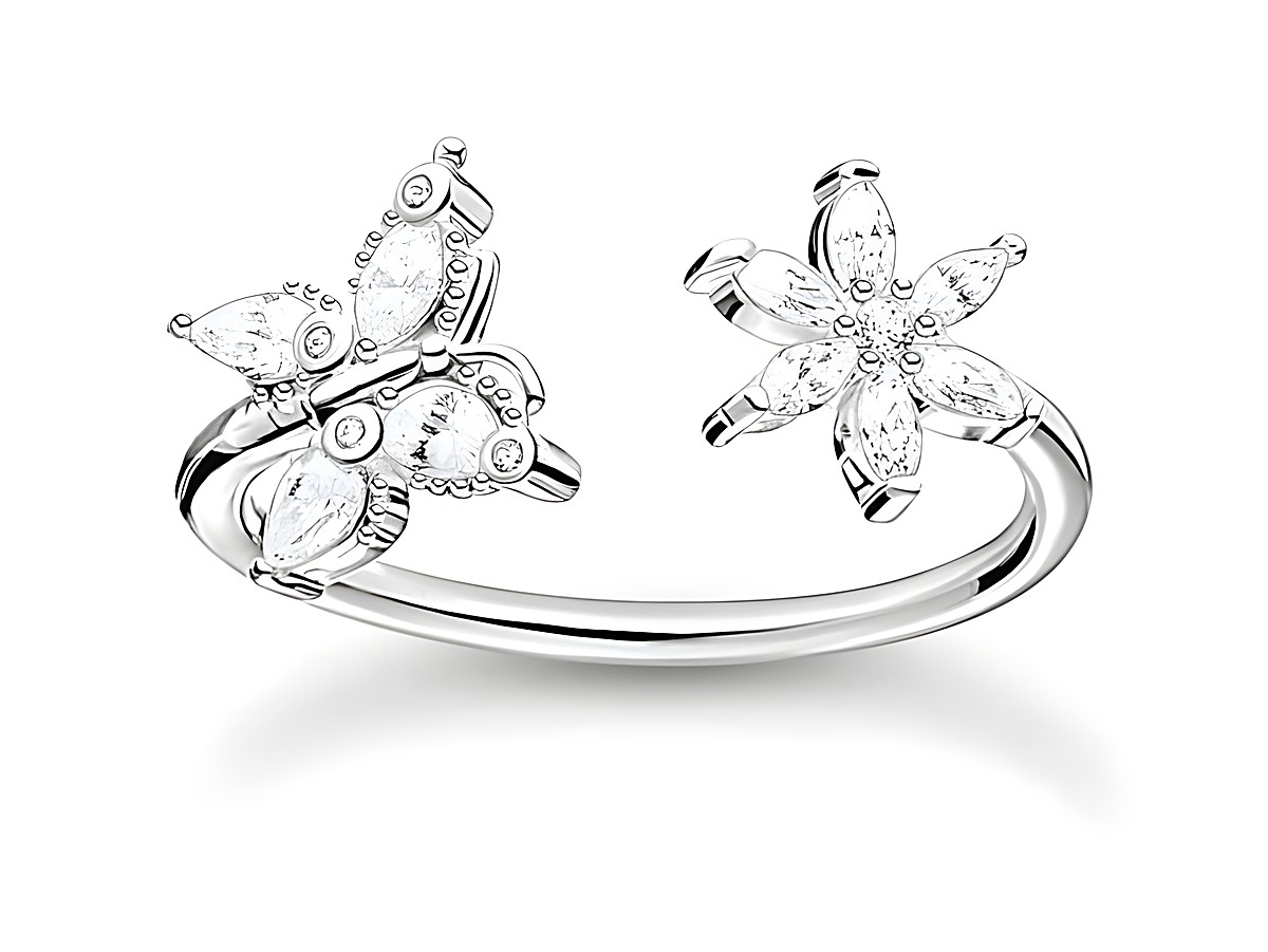 Charming Schmetterling Ring von Thomas Sabo aus Sterling Silber mit weißen Zirkonia in Größe 52, zwei filigrane Schmetterlinge und eine Blüte aus funkelnden Steinen.
