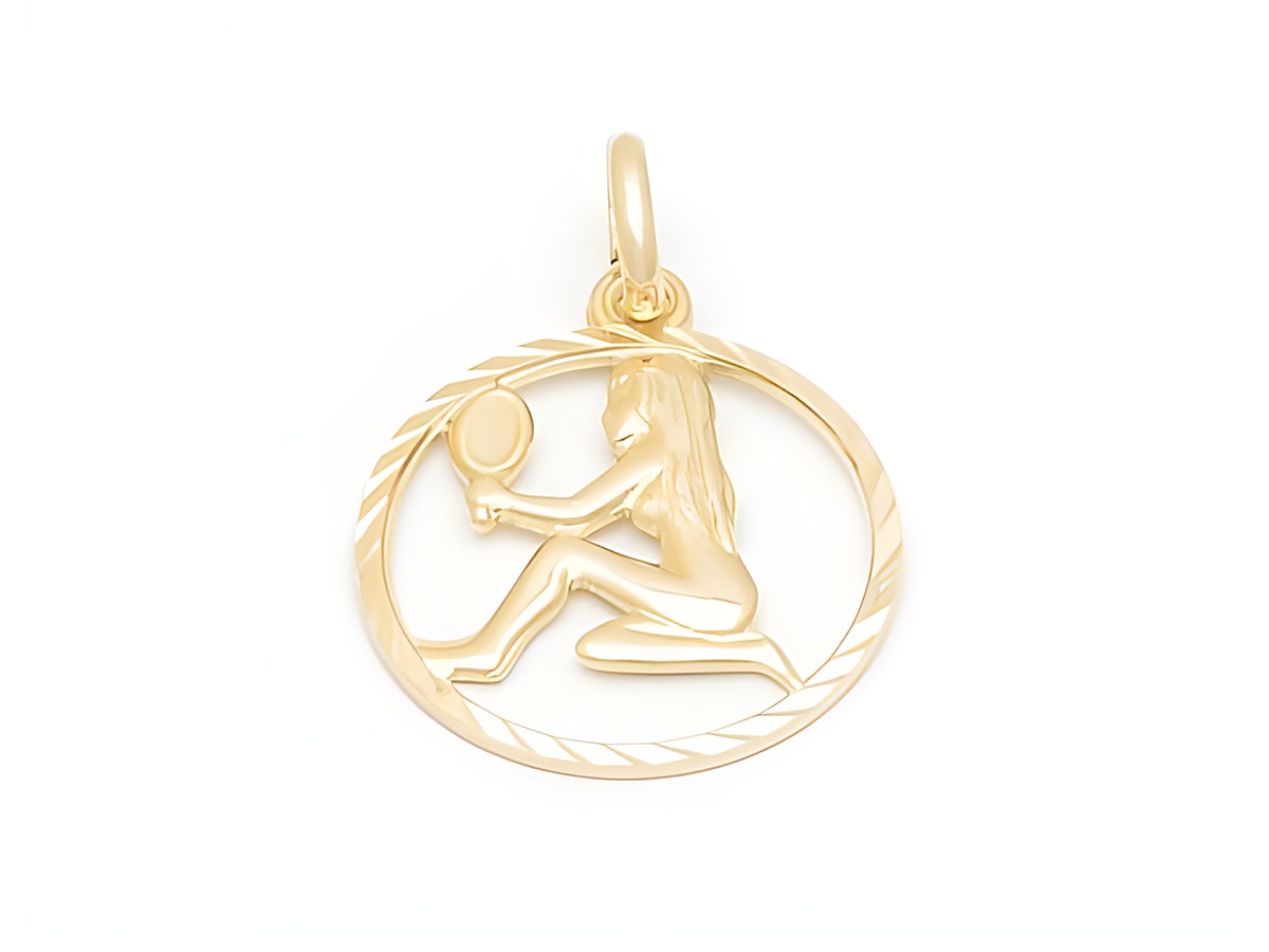 Jungfrau Gold Sternzeichen Anhänger diamantiert 17 mm von Juwelier Harnisch, zeigt eine stilisierte Darstellung einer Jungfrau in einem kreisförmigen Rahmen.