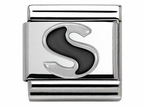 Buchstabe S in klassischem Silber mit schwarzer Emaille im Design von Nomination Classic SilverShine, geeignet für Armbänder und personalisierbaren Schmuck.