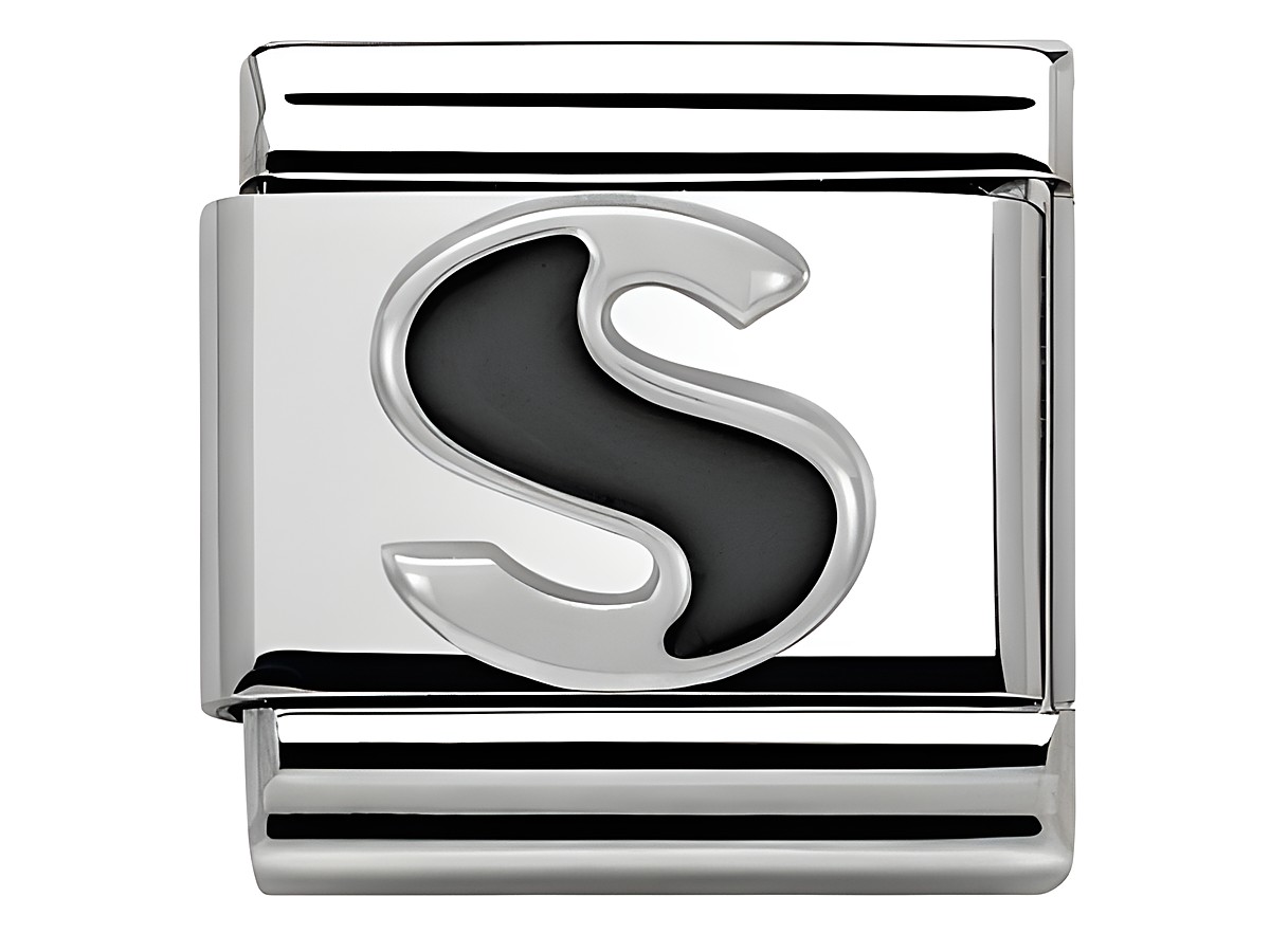 Buchstabe S in klassischem Silber mit schwarzer Emaille im Design von Nomination Classic SilverShine, geeignet für Armbänder und personalisierbaren Schmuck.