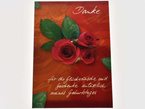 Dankeskarte mit roten Rosen und der Aufschrift Danke sowie einem schriftlichen Dankestext für Glückwünsche zum Geburtstag. Hersteller ist Juwelier Harnisch, Set mit fünf Karten.