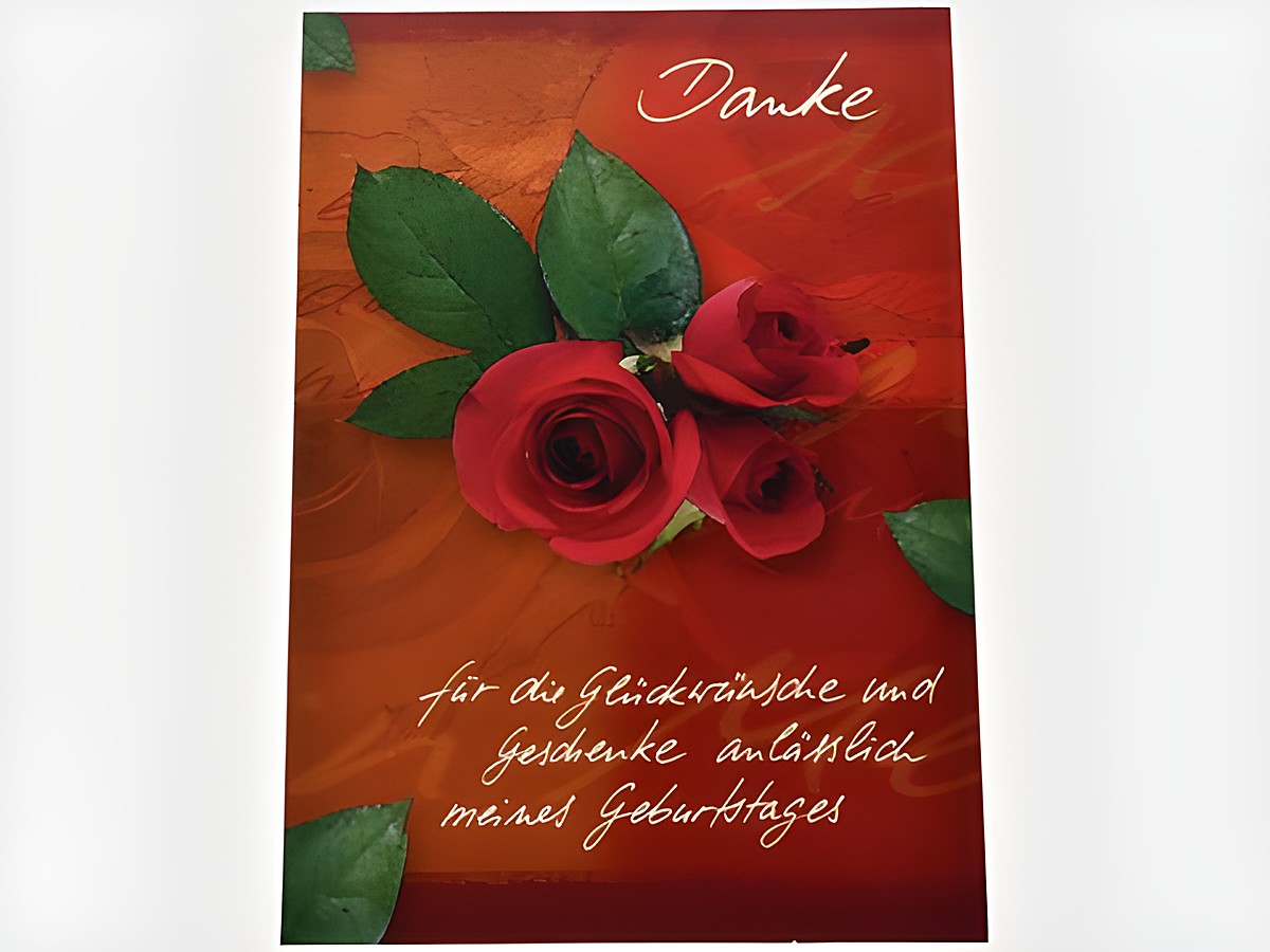 Dankeskarte mit roten Rosen und der Aufschrift Danke sowie einem schriftlichen Dankestext für Glückwünsche zum Geburtstag. Hersteller ist Juwelier Harnisch, Set mit fünf Karten.