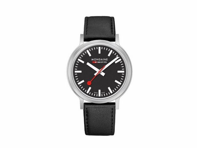 Mondaine Uhr MST.34020.LBV.SET Stop2Go mit schwarzem Zifferblatt, weißen Markierungen und rotem Sekundenzeiger, 34 mm Gehäuse, schwarzem Lederarmband, elegantes Design.