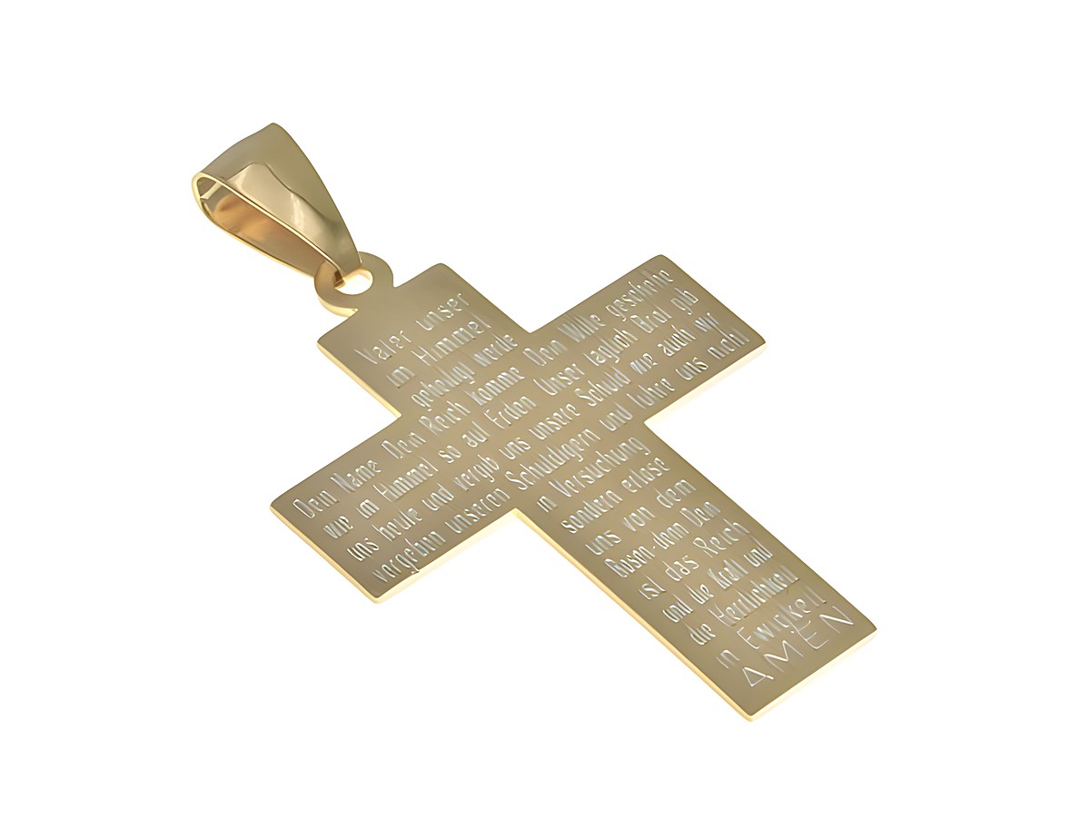 Anhänger aus Sterling Silber in Form eines Kreuzes, mattiert und vergoldet in Rosegold, mit eingraviertem Vaterunser Text, hergestellt von Juwelier Harnisch.